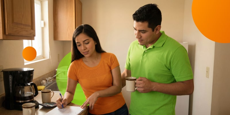 Pareja organizando gastos del hogar mientras habla de dinero en pareja.