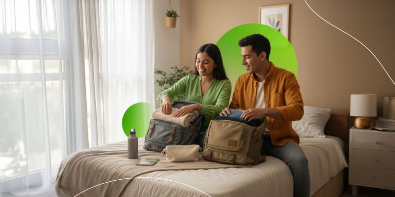 Pareja revisando presupuesto para viajar en Semana Santa sin gastar demasiado