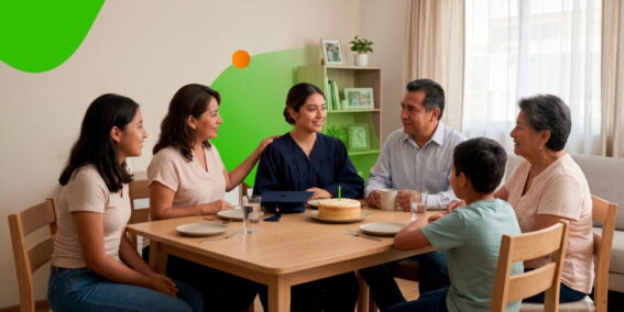 Familia y amigos planeando una celebración de graduación económica