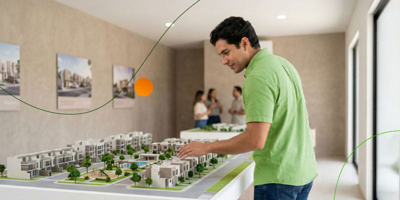 Hombre revisando la maqueta de un desarrollo inmobiliario antes de comprar una casa.
