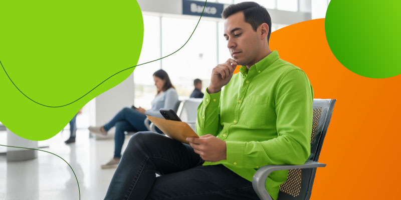 Hombre consultando sus finanzas y opciones para ahorrar dinero en el banco